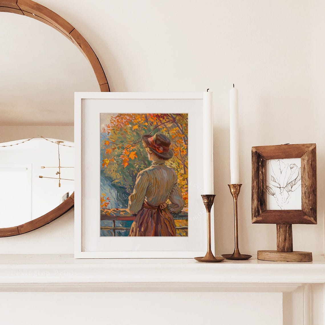 Woman in Hat Gazing at Autumn Waterfall from Behind Scenic Poster - Image 3