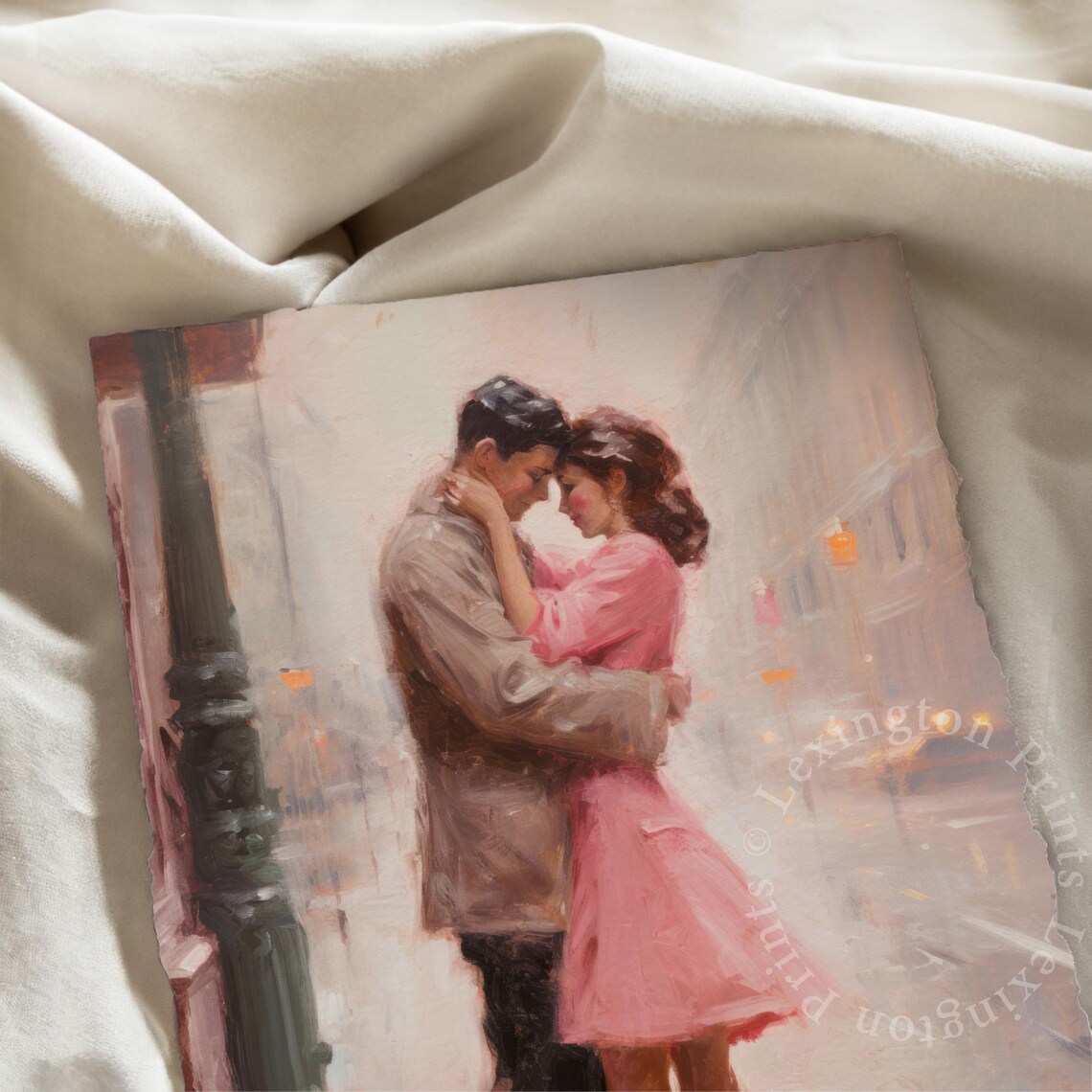 Romantic Couple Embracing in Rainy City Street Love Painting Print - Image 6