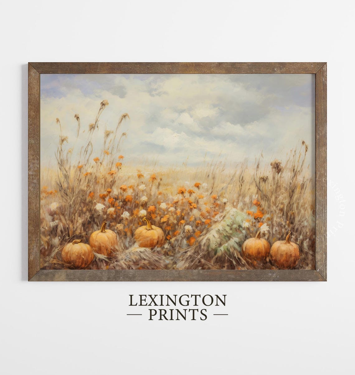 Pumpkin Patch in Autumn Field Under Cloudy Sky Fall Harvest Poster - Image 4
