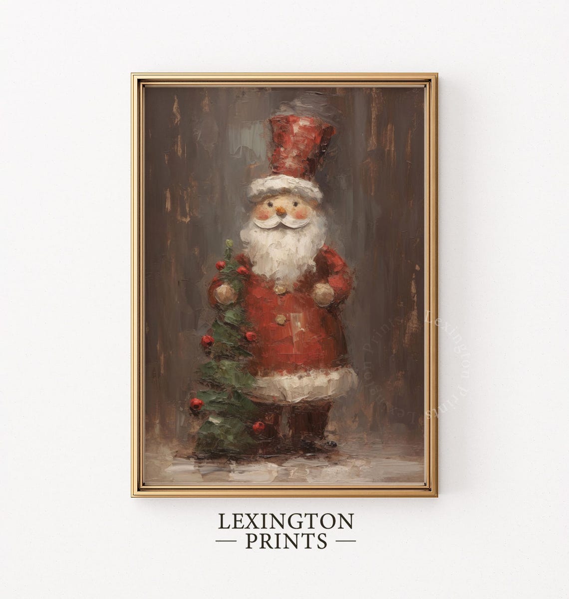 Rustic Folk Art Santa with Tall Red Hat Holding Berry Tree Poster - Image 4