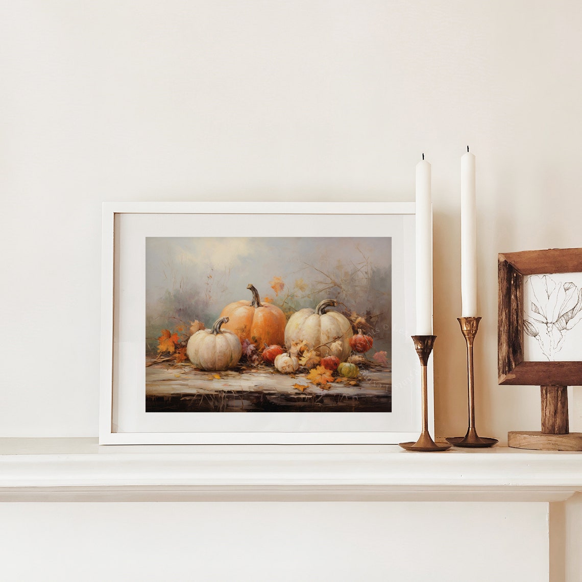 White and Orange Pumpkins Still Life on Wood Table Fall Poster - Image 3