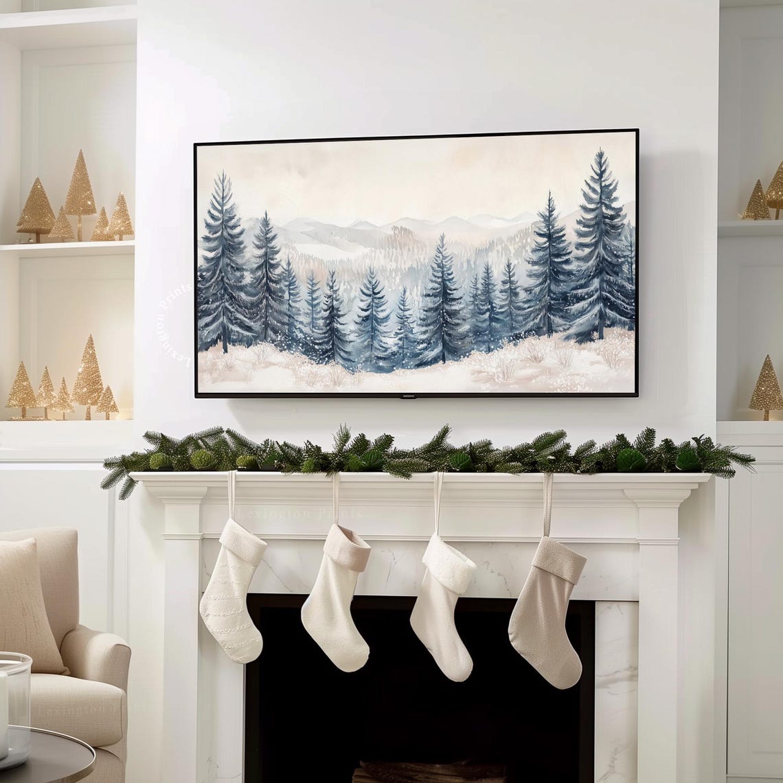 Snowy Pine Forest Under Misty Mountains Watercolor Winter Scene Poster - Image 7