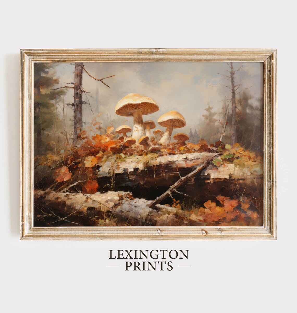 Wild Mushrooms on Fallen Log Misty Forest Oil Painting Nature Poster