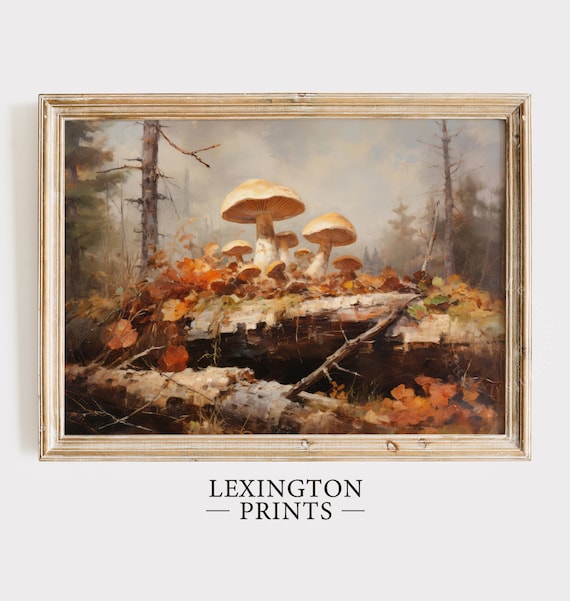 Wild Mushrooms on Fallen Log Misty Forest Oil Painting Nature Poster