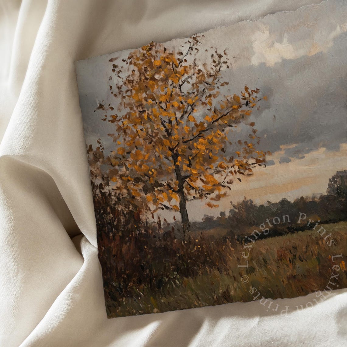 Golden Autumn Tree in Open Field Cloudy Sky Oil Painting Poster - Image 7