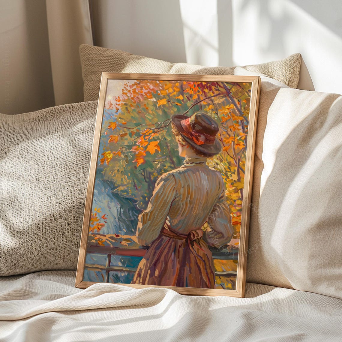 Woman in Hat Gazing at Autumn Waterfall from Behind Scenic Poster - Image 8