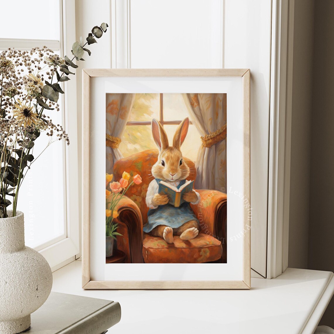 Easter Bunny Reading Book in Armchair with Tulips Vintage Wall Art - Image 4