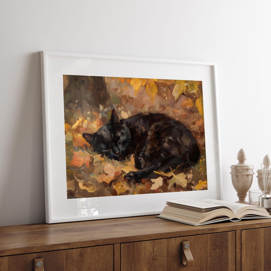 Sleeping Black Cat in Autumn Leaves Cozy Fall Oil Painting Wall Art - Image 3