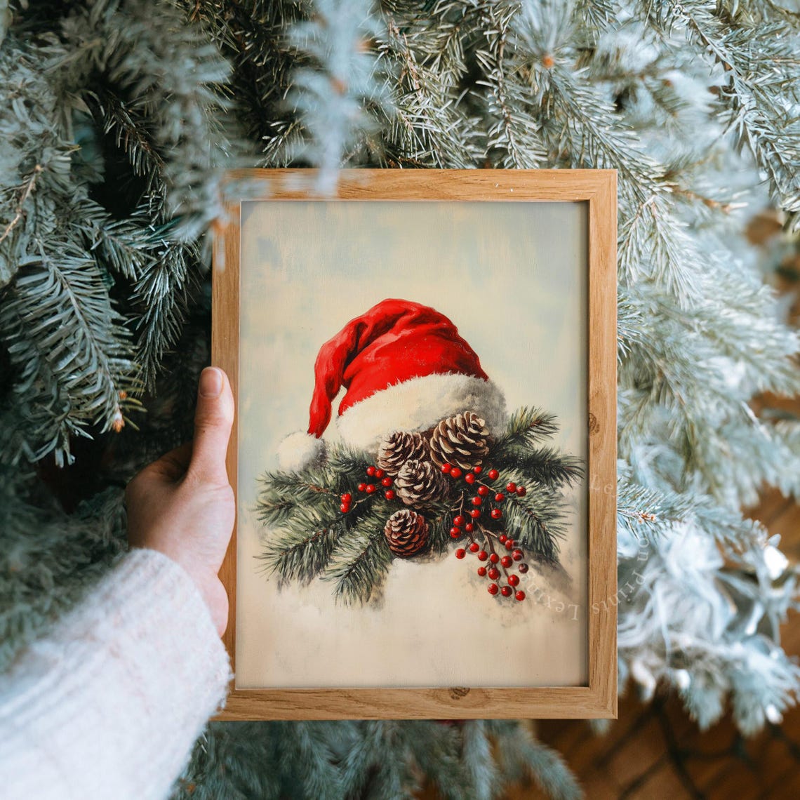 Red Santa Hat with Pinecones and Berries Christmas Decor Poster - Image 8