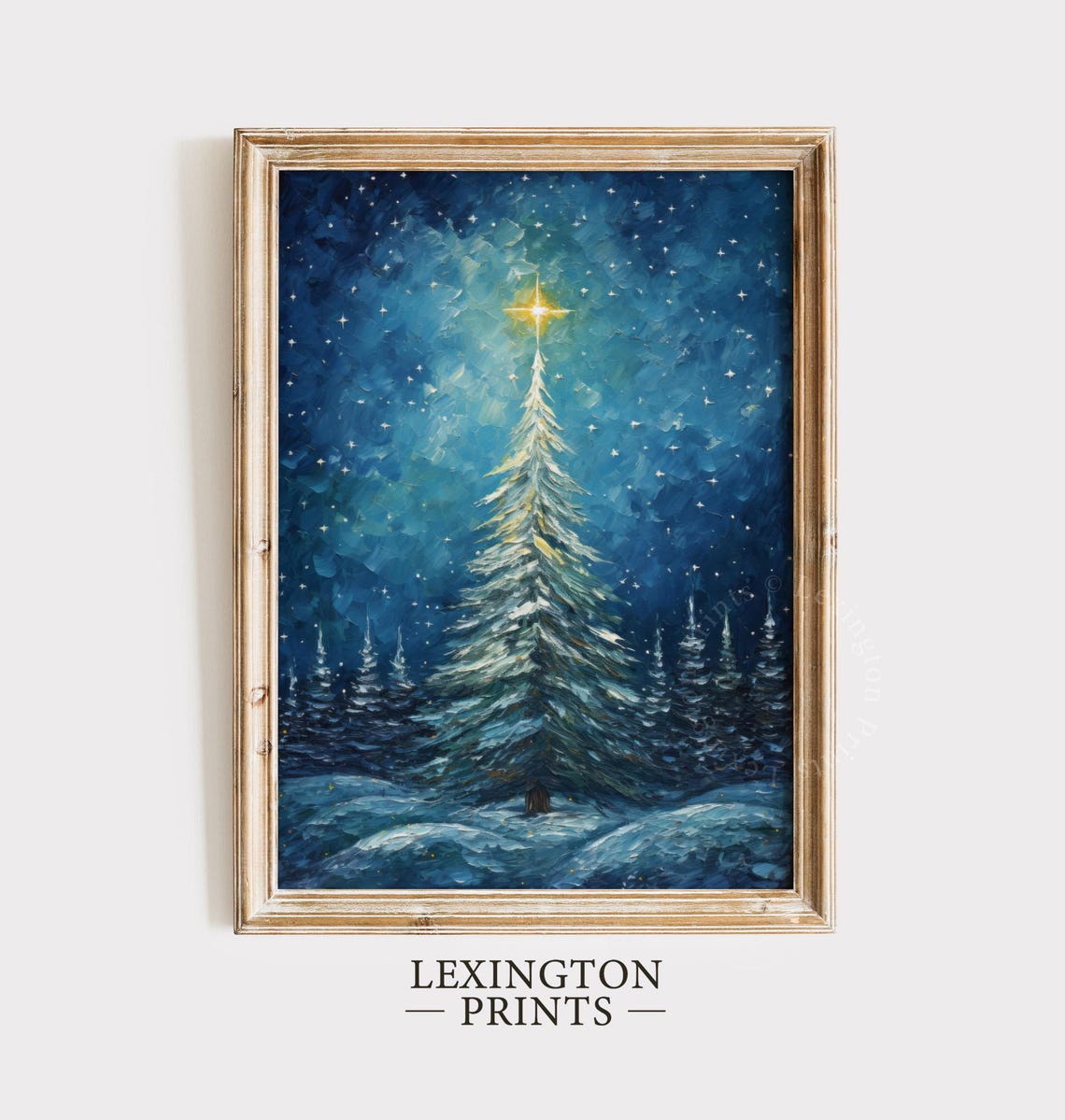 Snowy White Christmas Tree Glowing Star Blue Night Sky Poster - Image 5