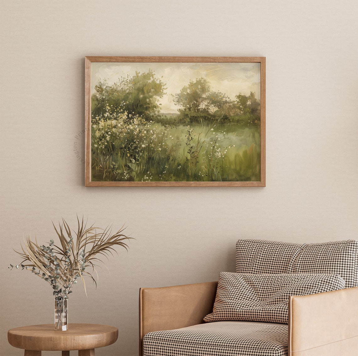 Green Summer Meadow with Wildflowers and Trees Peaceful Wall Art - Image 3