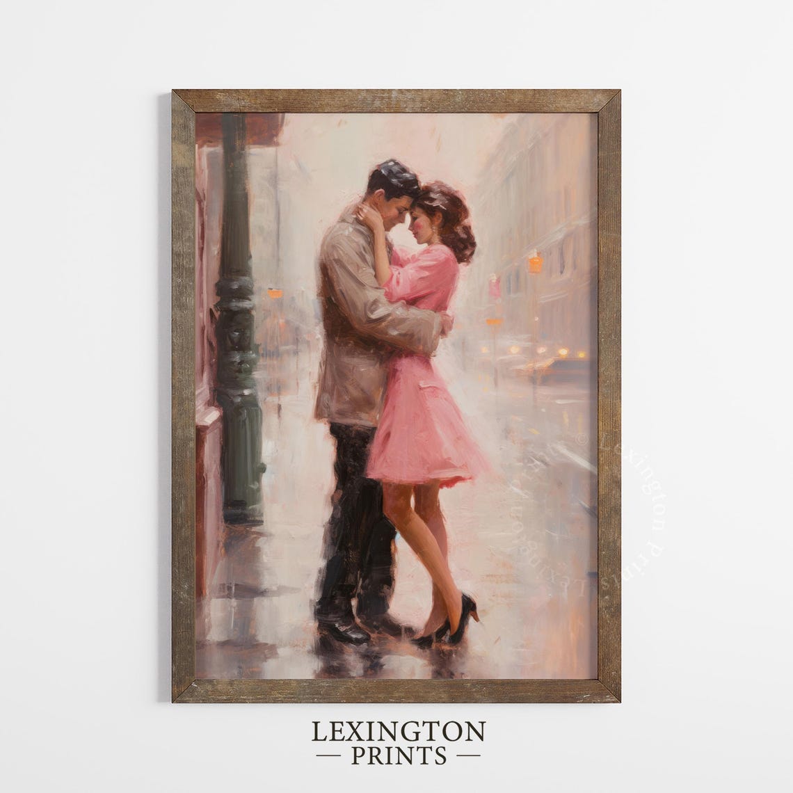 Romantic Couple Embracing in Rainy City Street Love Painting Print - Image 4