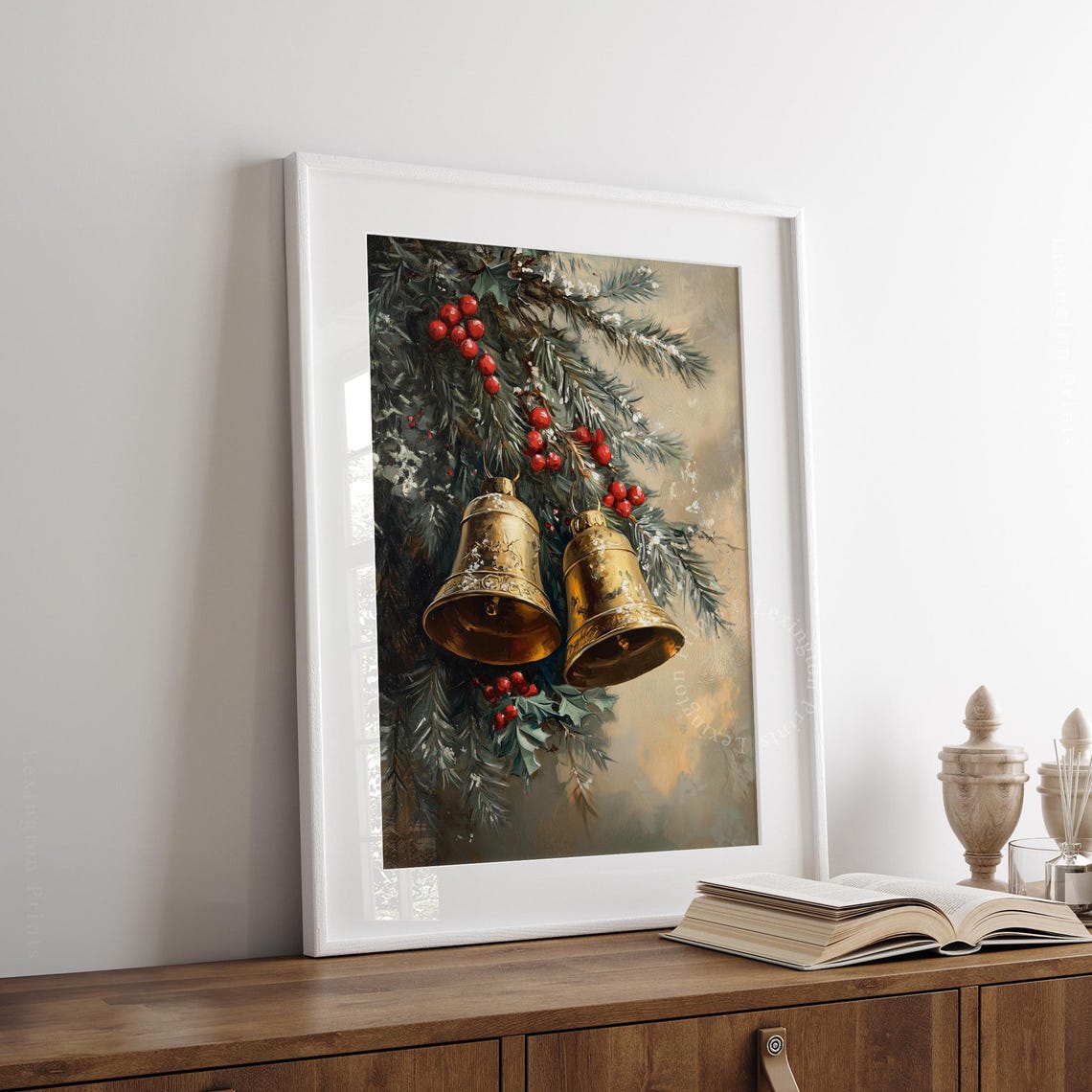 Vintage Golden Christmas Bells and Holly Nostalgic Wall Poster - Image 2