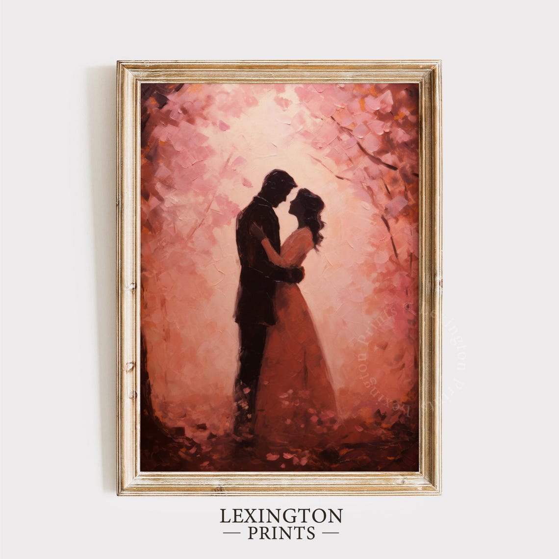 Romantic Couple Silhouette Embracing in Pink Blossom Trees Poster - Image 5