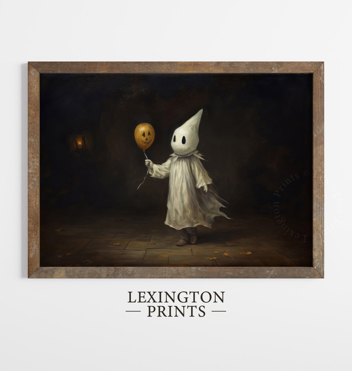 Little Ghost Child Holding Pumpkin Balloon Dark Halloween Wall Art - Image 2