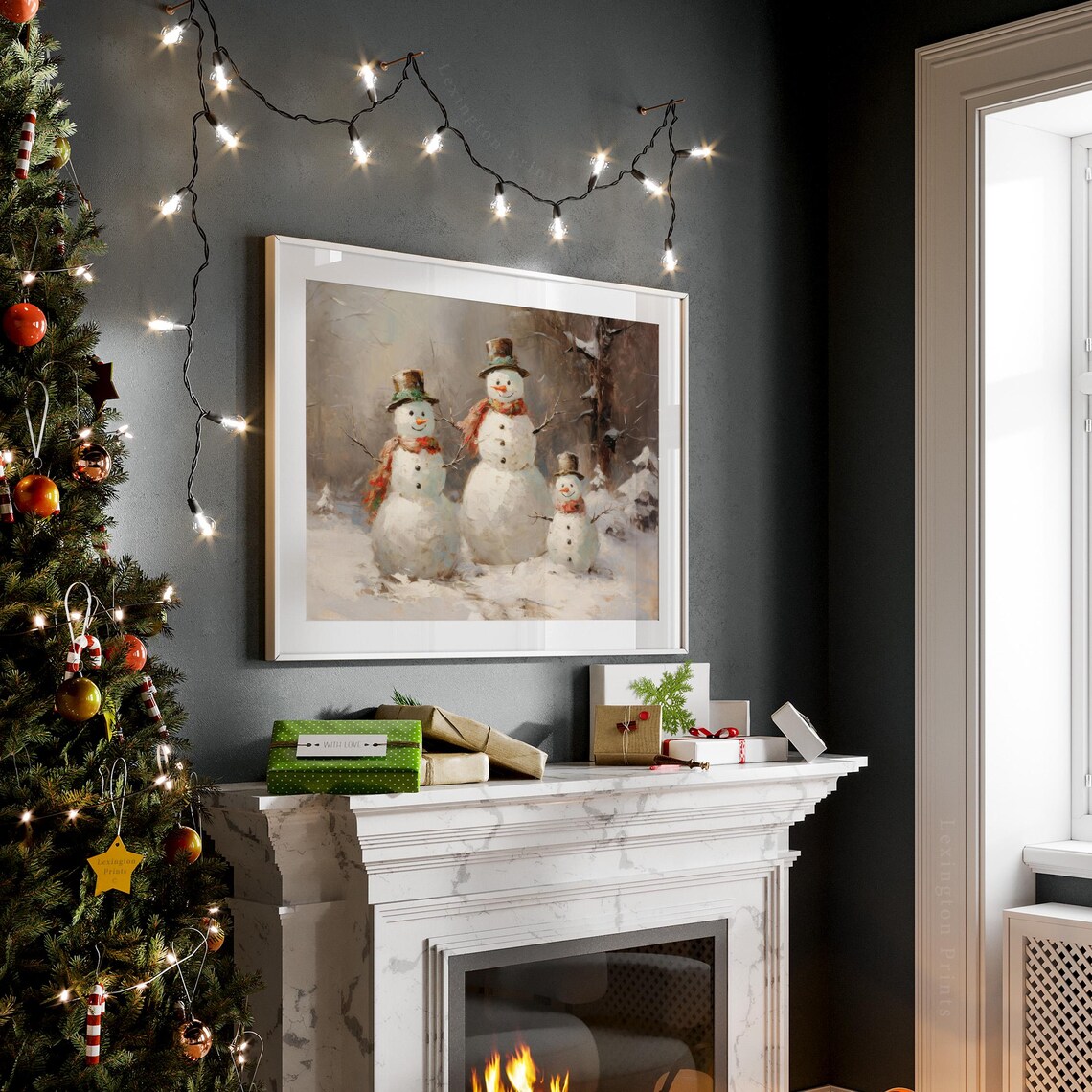 Snowman Family Trio Vintage Christmas Winter Oil Painting Poster - Image 7