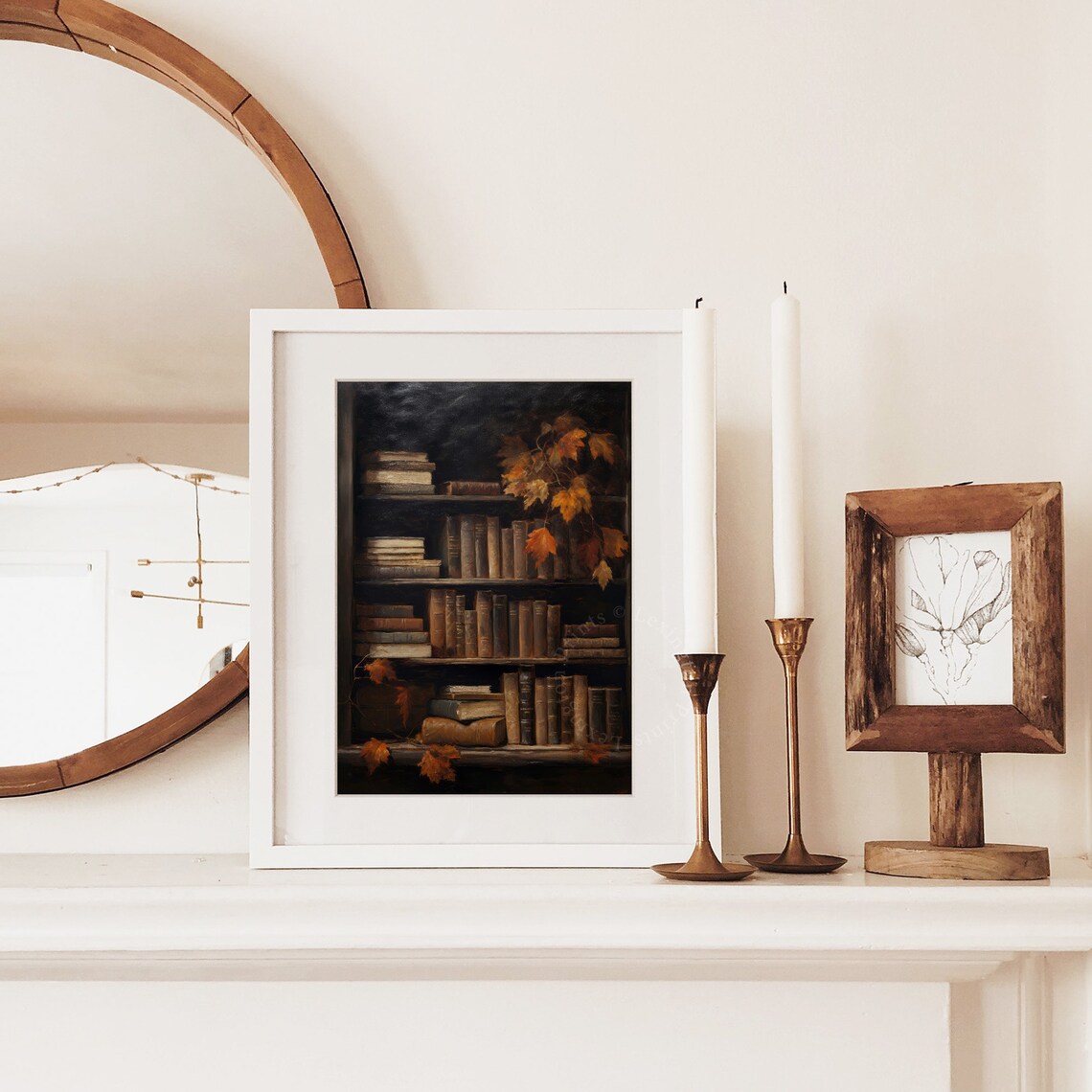 Dark Moody Bookshelf Vintage Books Autumn Maple Leaves Rustic Painting Poster - Image 5