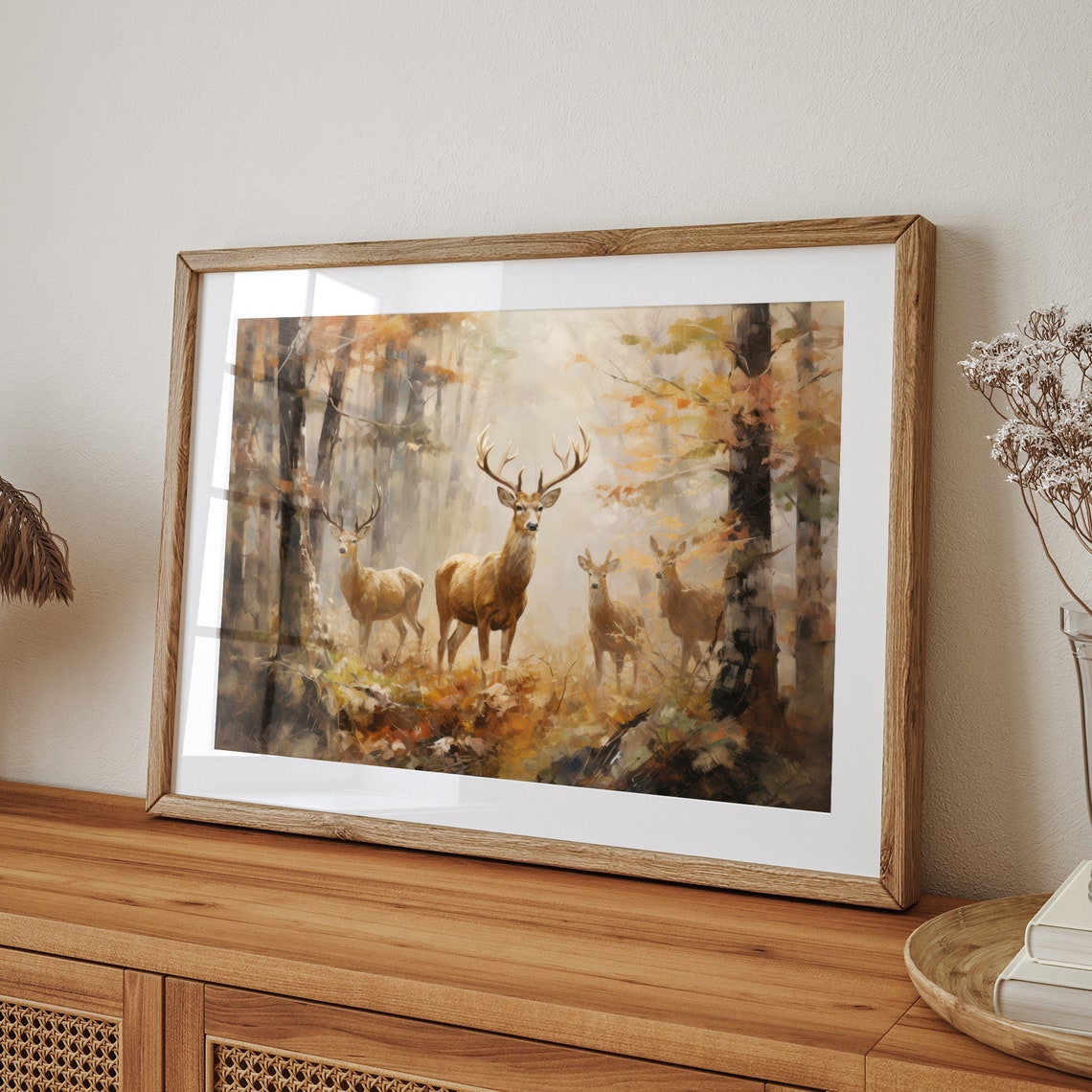 Deer Family in Misty Autumn Forest Rustic Fall Wildlife Wall Art - Image 7