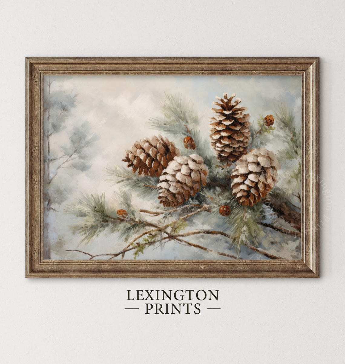 Snowy Pine Cones Frosted Evergreen Branch Winter Painting Poster