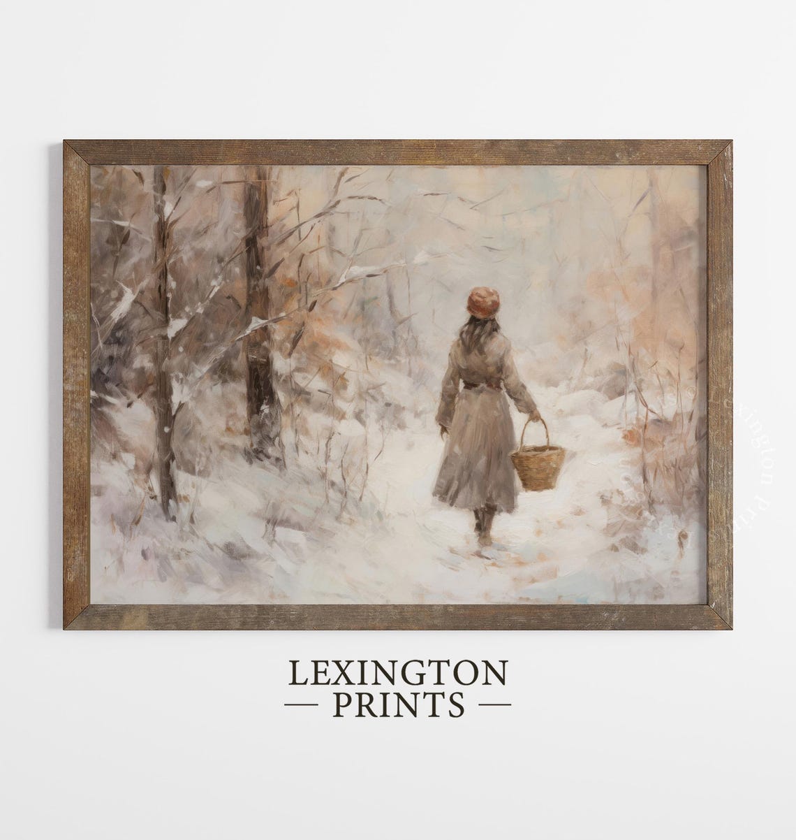 Girl With Basket Walking Snowy Forest Path Winter Scene Art Print - Image 5