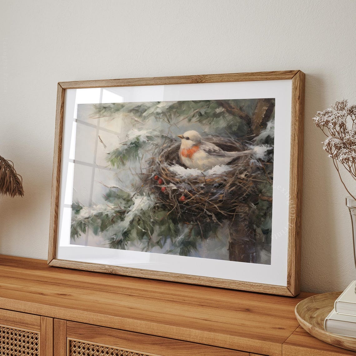 Small Bird in Snowy Nest on Pine Branch Winter Painting Poster - Image 8