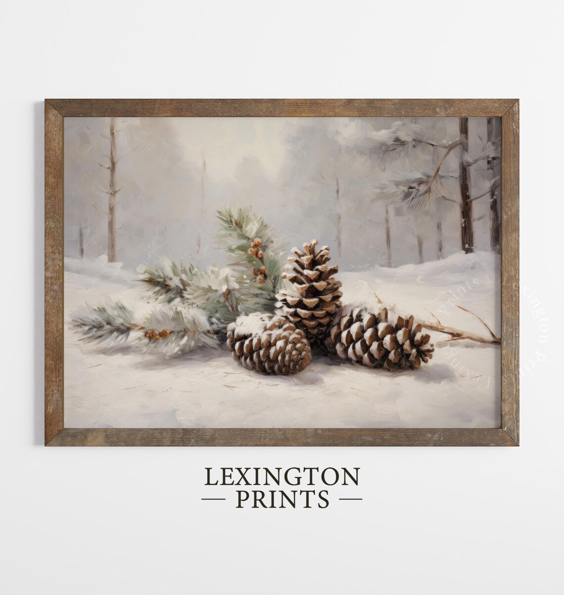 Vintage Winter Pinecones in a Snowy Forest Oil Painting Poster
