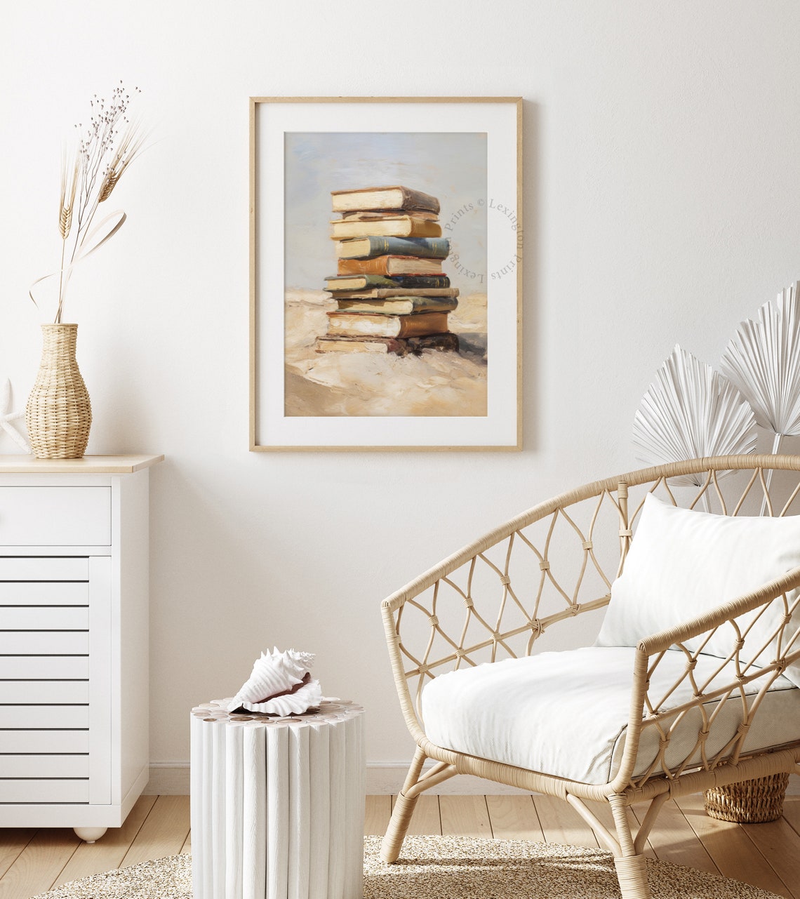 Vintage Stack of Old Books on Beach Sand Book Lover Painting Poster - Image 4