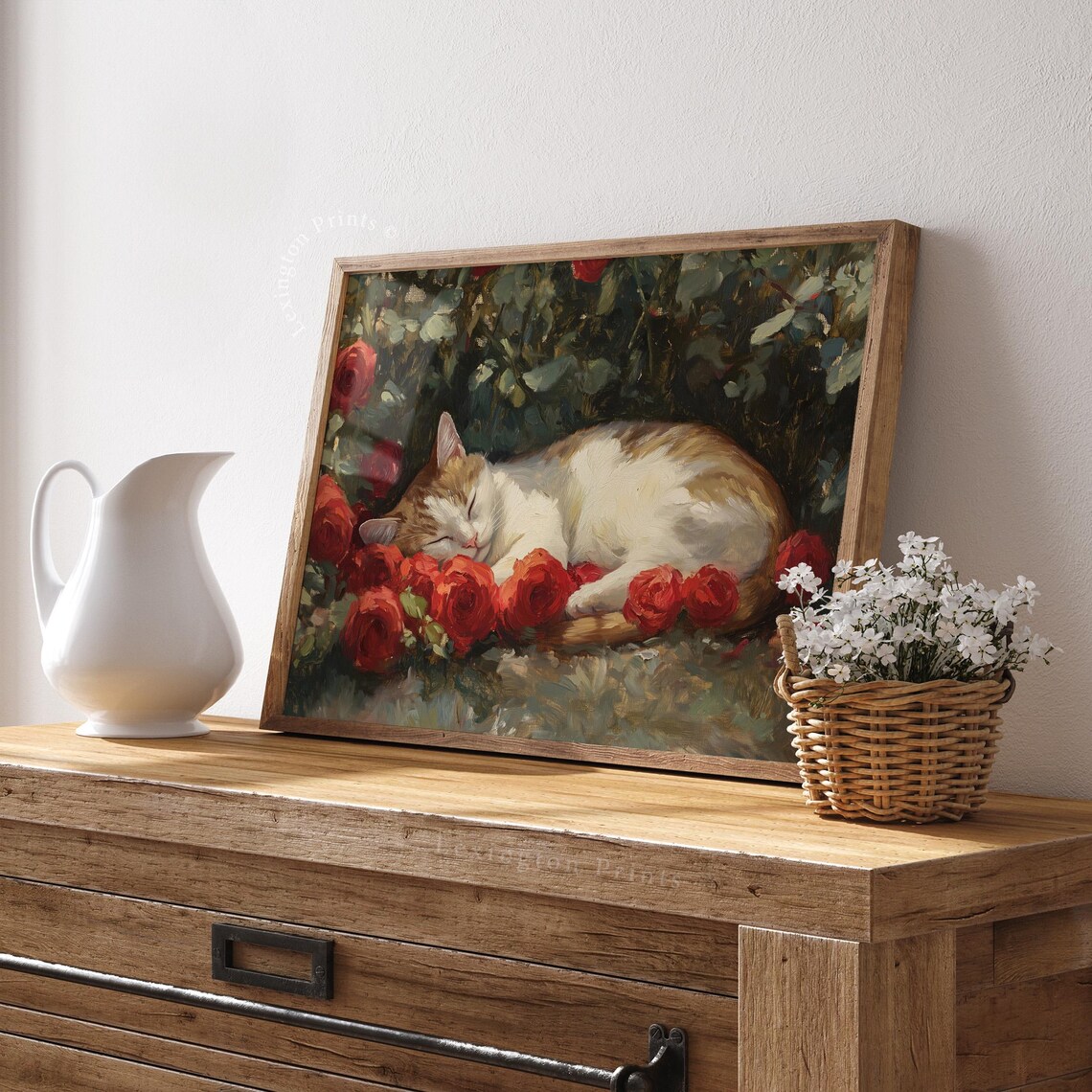 Sleeping Cat Among Red Roses Vintage Floral Oil Painting Wall Art