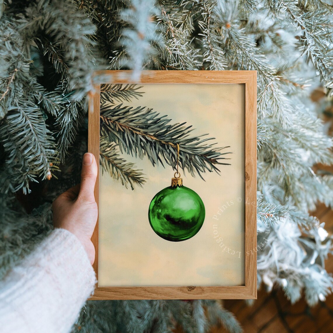 Green Christmas Ornament on Pine Branch Minimal Oil Painting Poster - Image 8