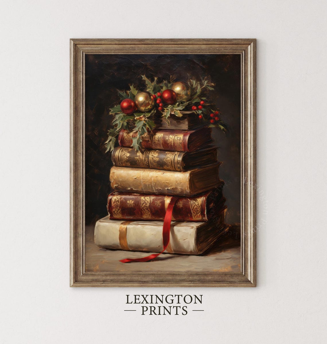 Vintage Books with Holly and Ornaments Christmas Still Life Poster - Image 5