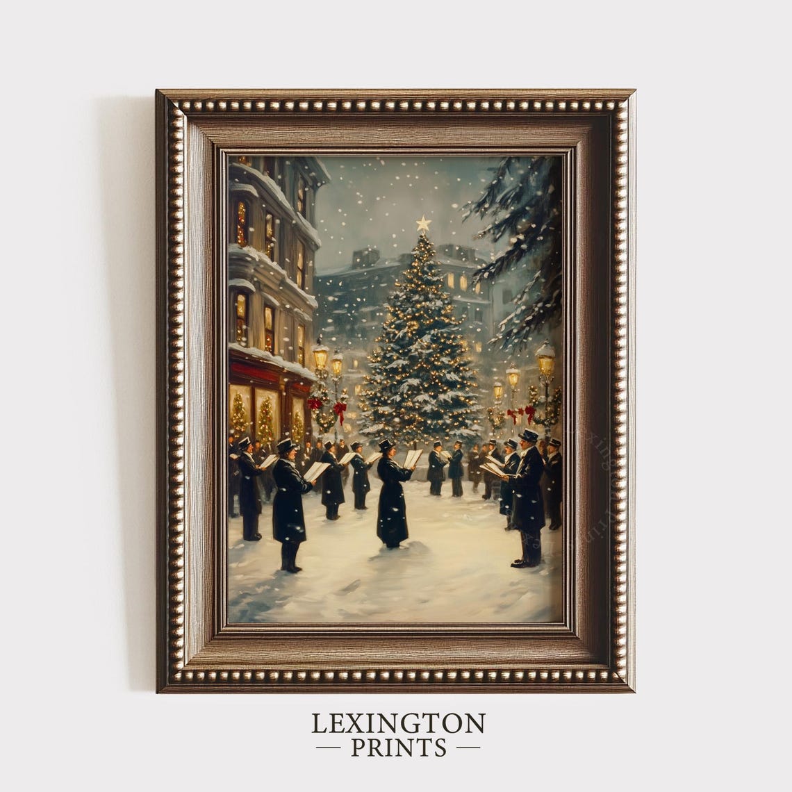 Victorian Christmas Carolers Singing by Lit Tree Snowy Poster - Image 4