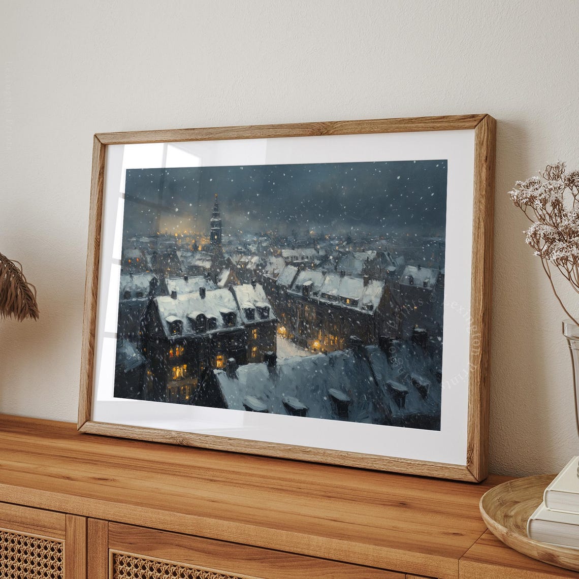 Snowy City Rooftops at Night with Glowing Windows Winter Poster - Image 8