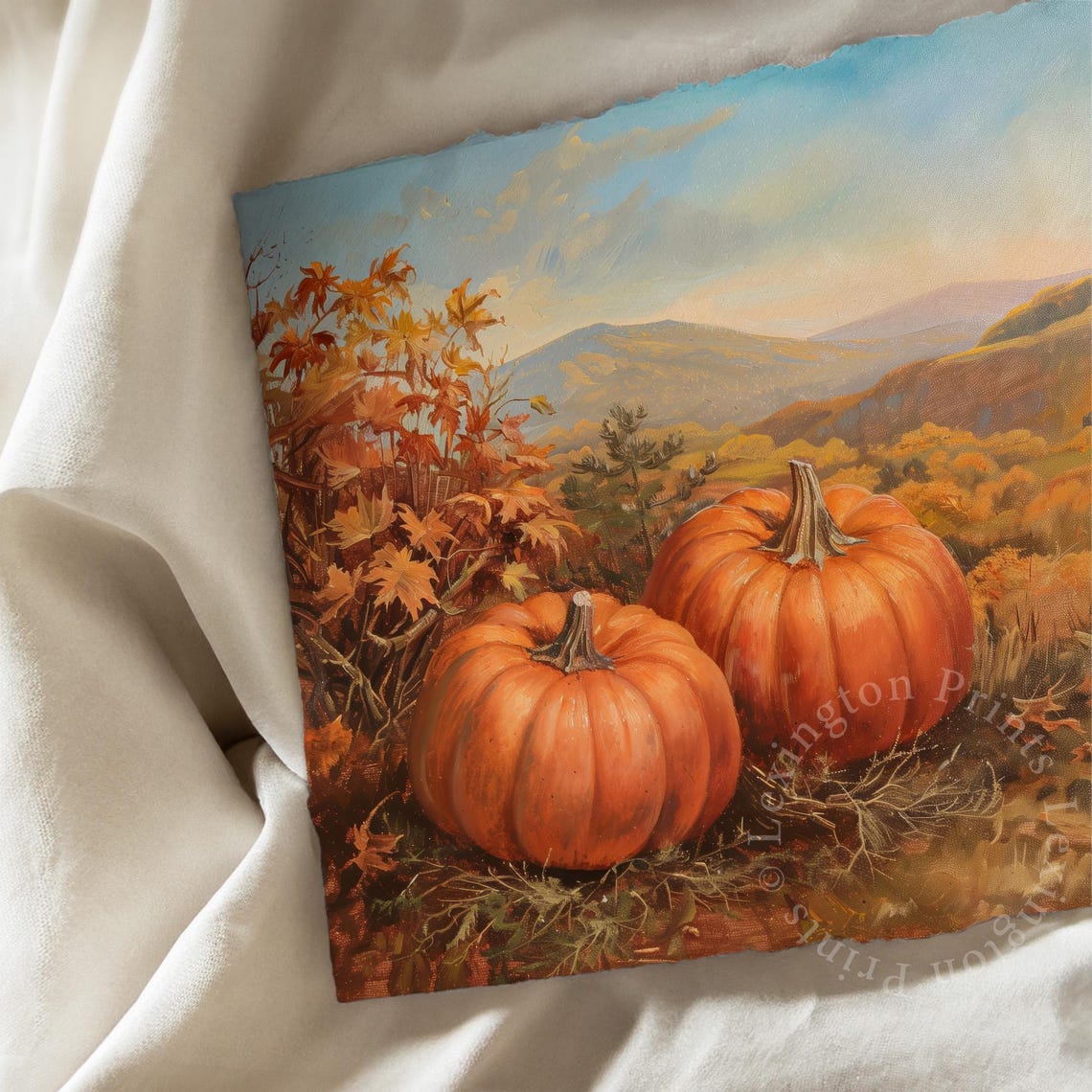 Autumn Pumpkin Patch Mountain Harvest Fall Landscape Art Poster