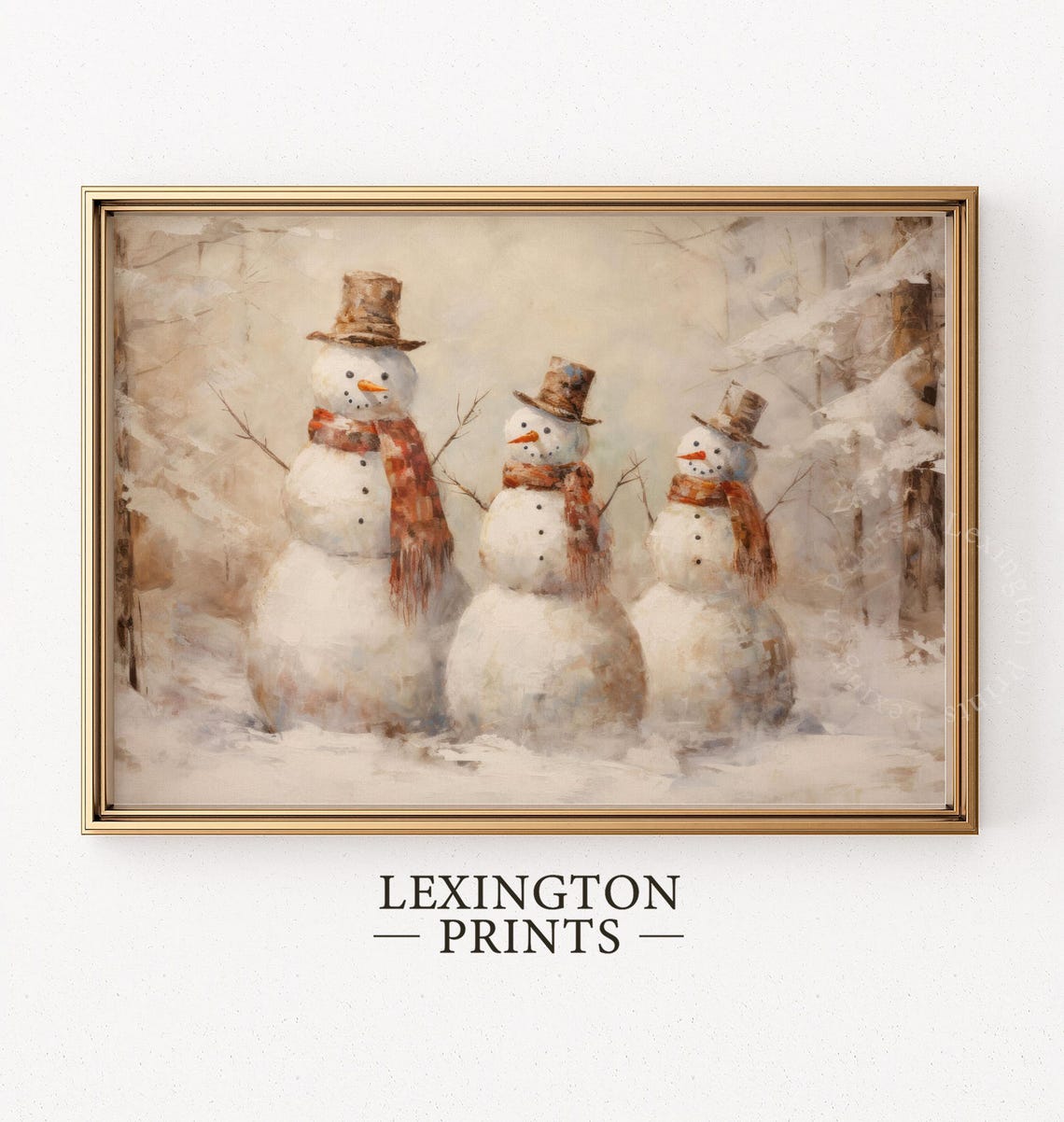 Three Vintage Snowmen in Winter Forest Christmas Scene Poster - Image 3