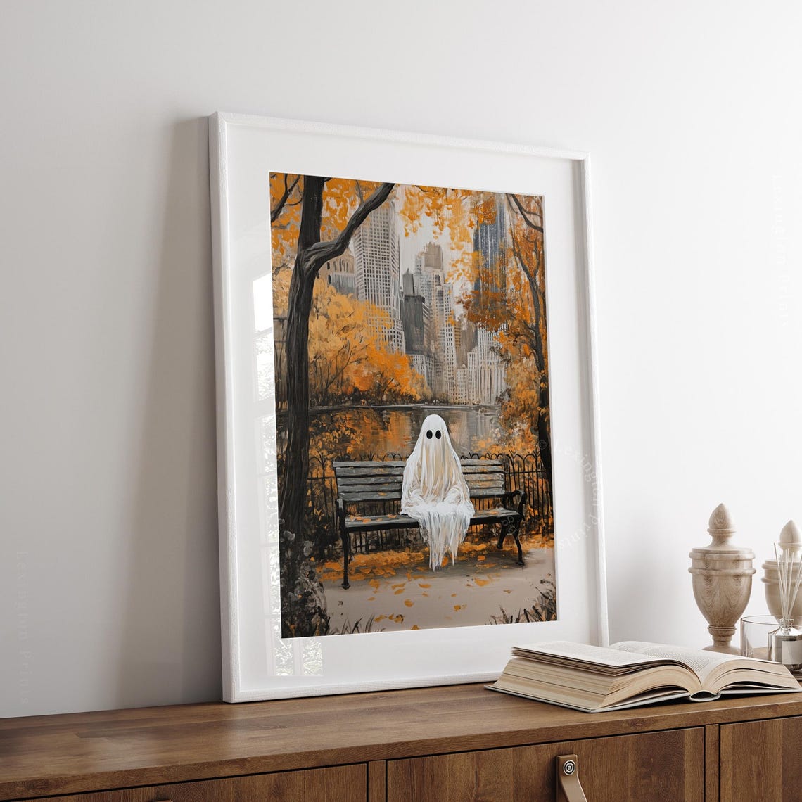 Lonely Ghost on Bench in Autumn City Park Oil Painting Fall Poster - Image 5