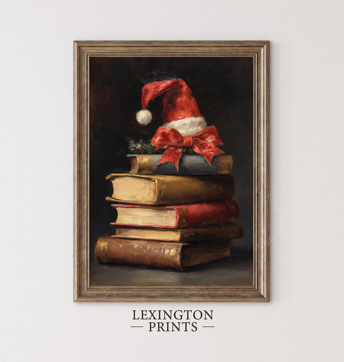 Stack of Old Books with Santa Hat and Red Bow Christmas Poster - Image 4