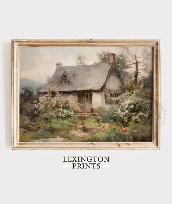 Charming Country Cottage Flower Garden Vintage Oil Painting Poster