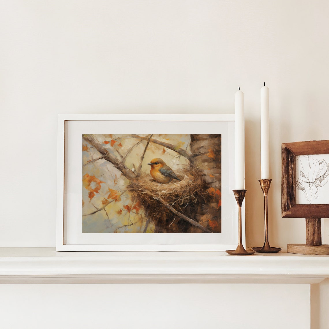 Orange Breasted Bird Resting in Nest Among Autumn Branches Poster - Image 2
