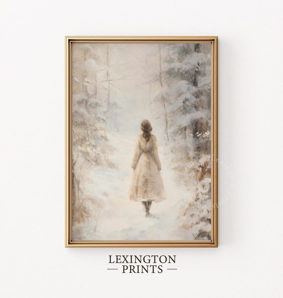 Woman in White Dress Walking a Snowy Forest Path Winter Poster - Image 5