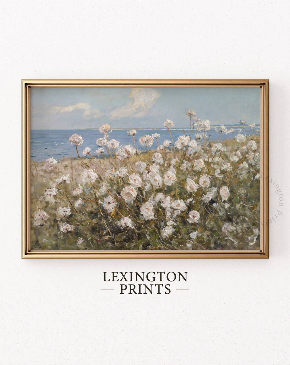Coastal White Wildflowers Sea Horizon Summer Impressionist Painting Poster - Image 6
