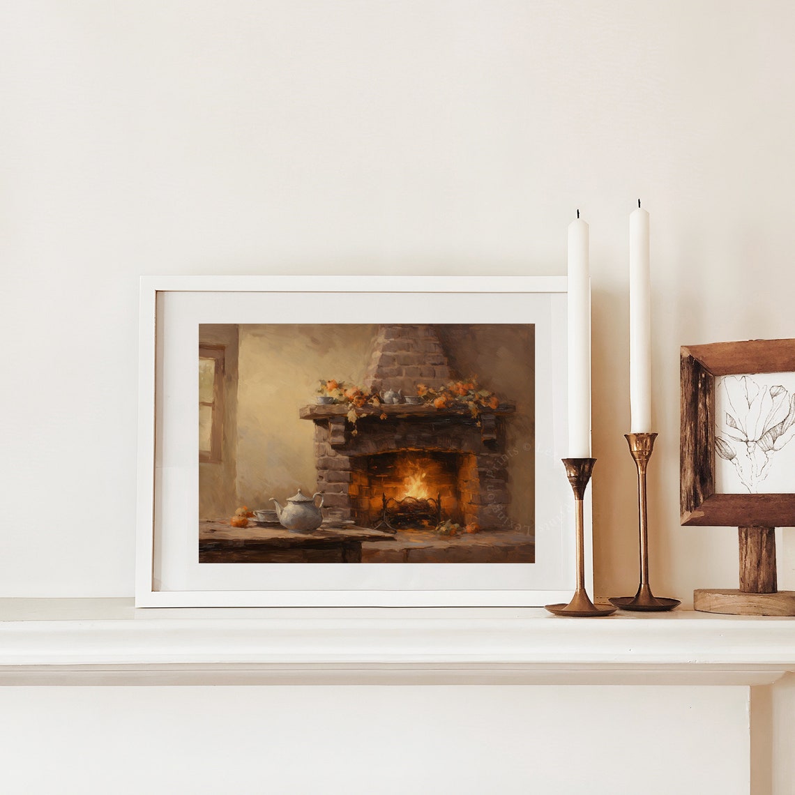 Stone Fireplace with Fire and Autumn Mantel Cozy Fall Interior Poster - Image 2