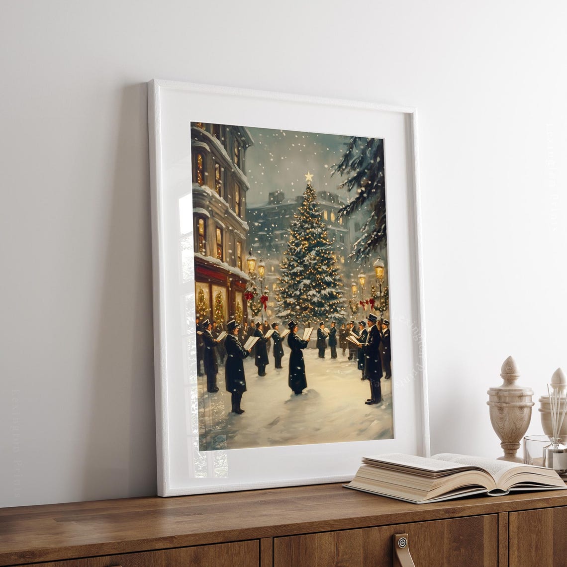Victorian Christmas Carolers Singing by Lit Tree Snowy Poster - Image 5