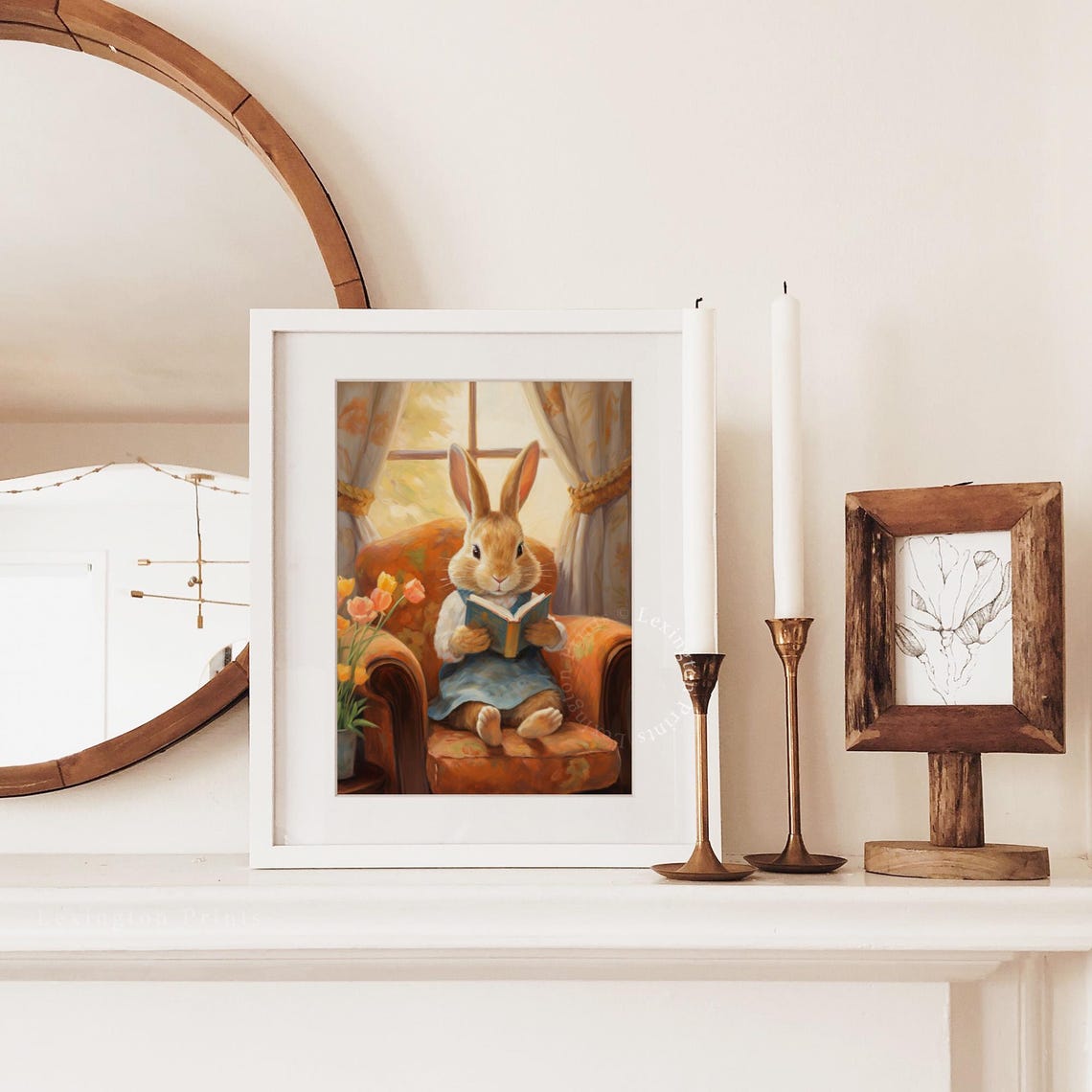 Easter Bunny Reading Book in Armchair with Tulips Vintage Wall Art - Image 3