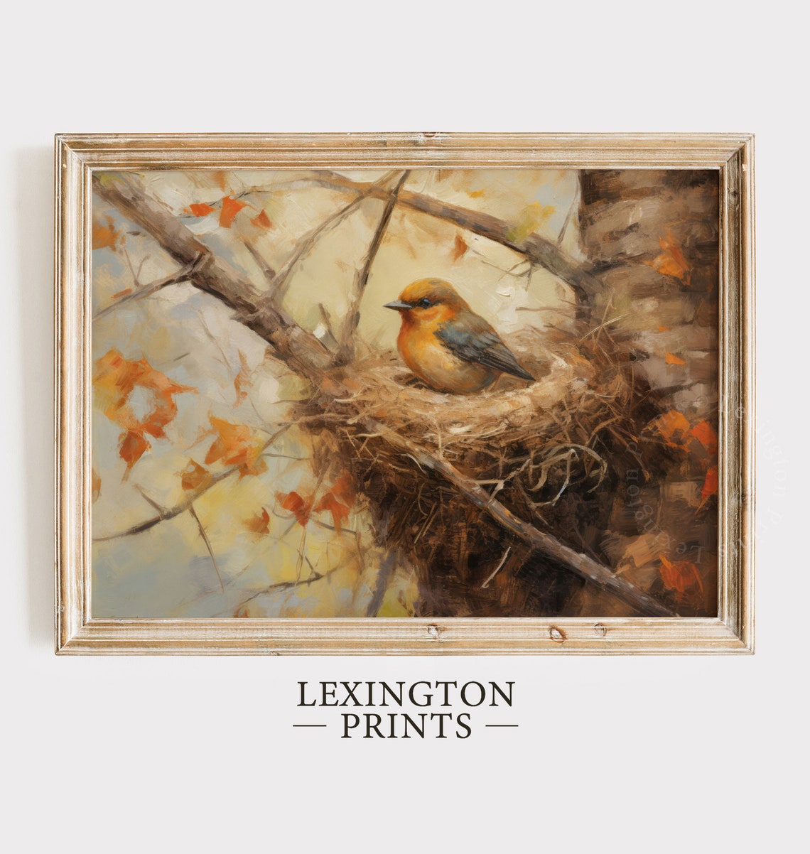 Orange Breasted Bird Resting in Nest Among Autumn Branches Poster