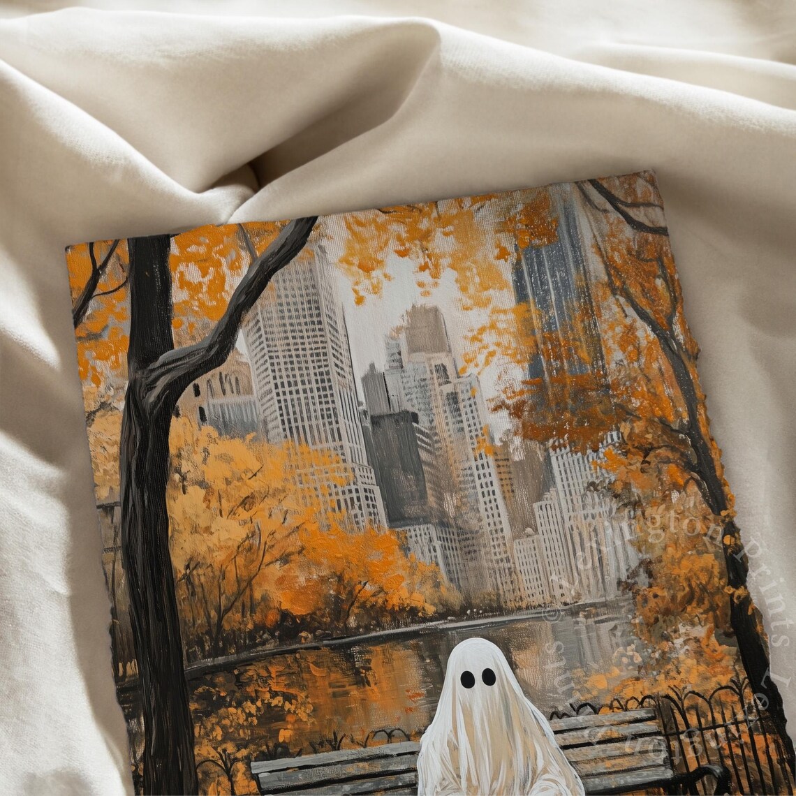 Lonely Ghost on Bench in Autumn City Park Oil Painting Fall Poster - Image 7