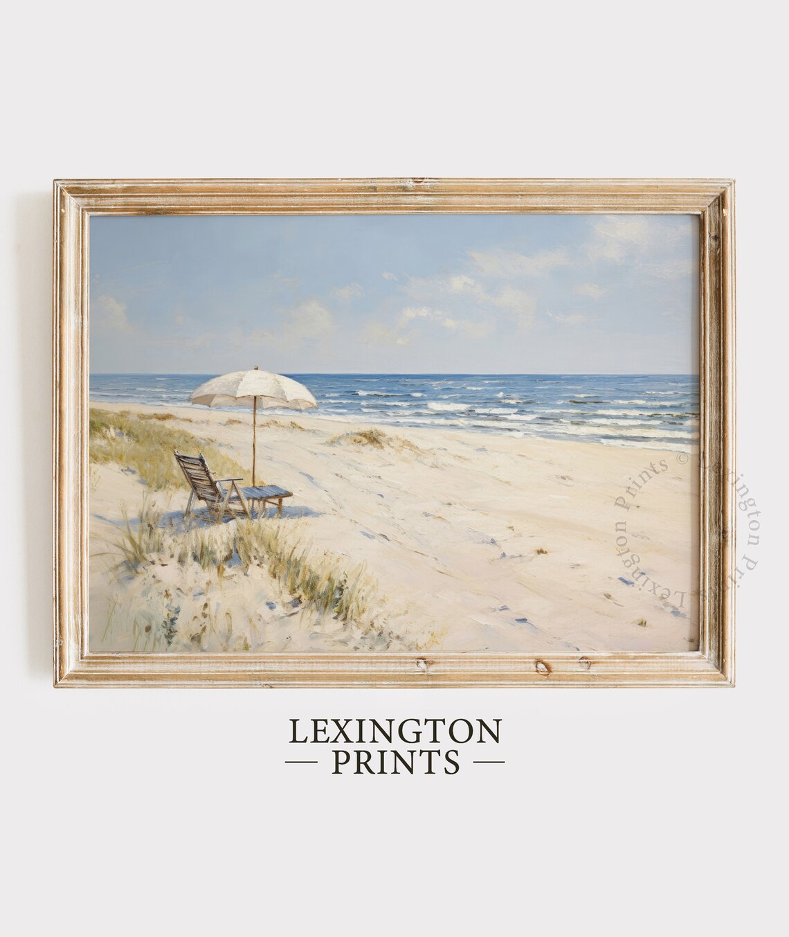 White Beach Umbrella Chairs Tranquil Ocean Oil Painting Coastal Poster