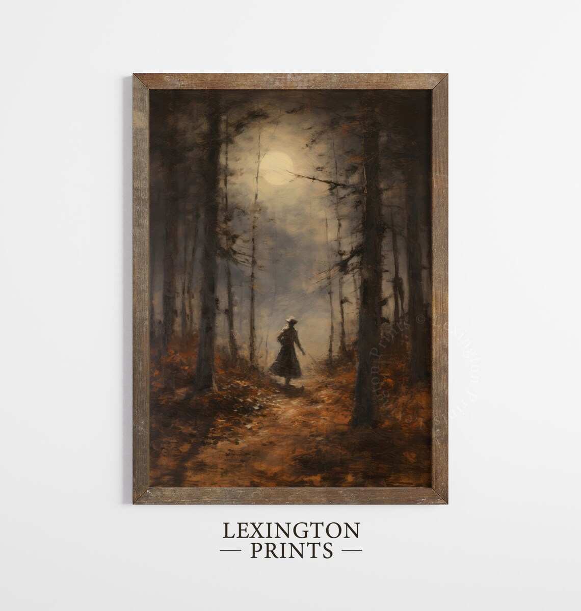 Moonlit Forest Path Lone Figure Moody Autumn Night Painting Poster - Image 8