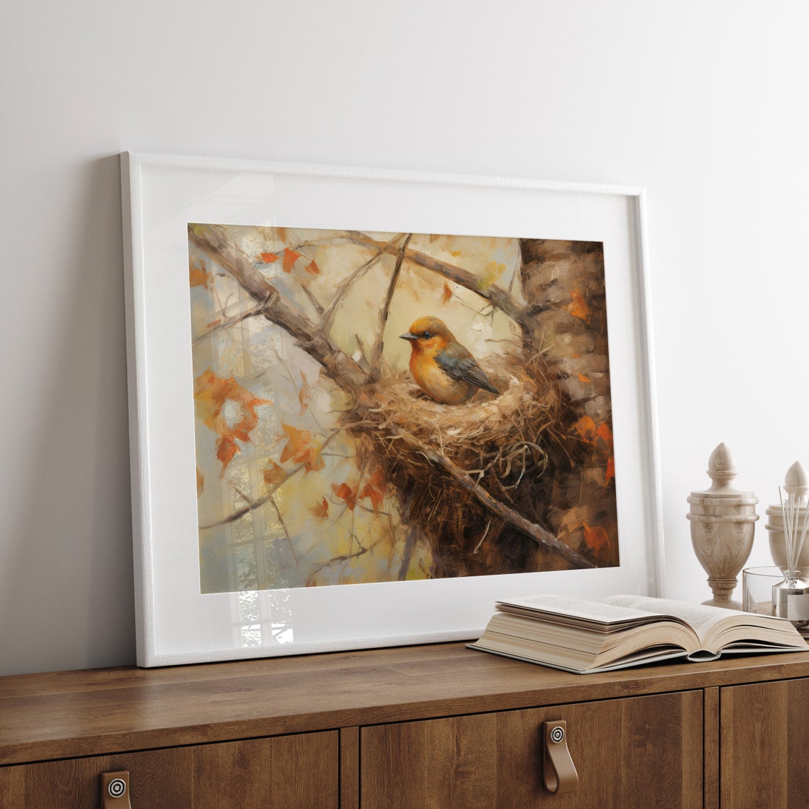 Orange Breasted Bird Resting in Nest Among Autumn Branches Poster - Image 3