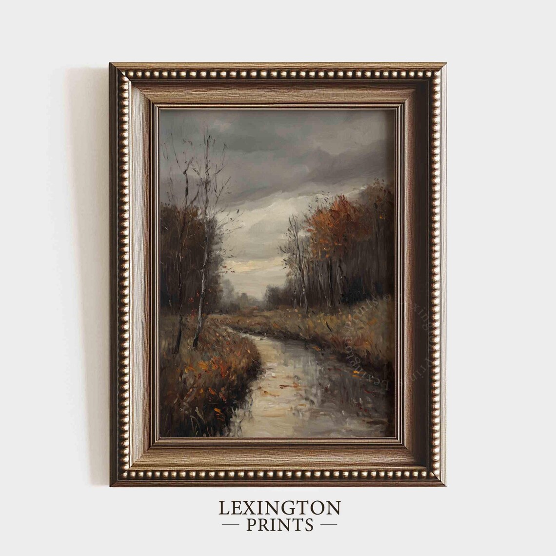 Misty Stream Through Autumn Woods Stormy Sky Oil Painting Poster - Image 4