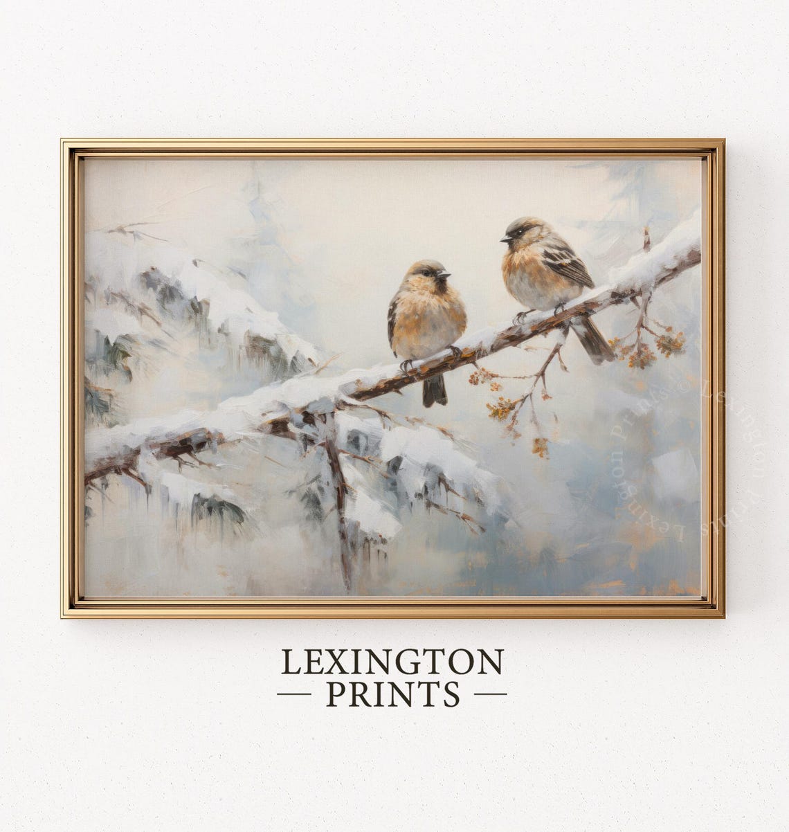 Two Fluffy Songbirds Resting on Snowy Pine Branch Winter Poster - Image 4